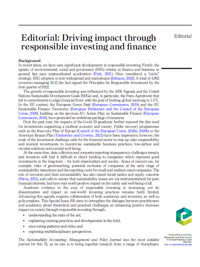 ABIS Special Issue: Driving impact through responsible investing and finance